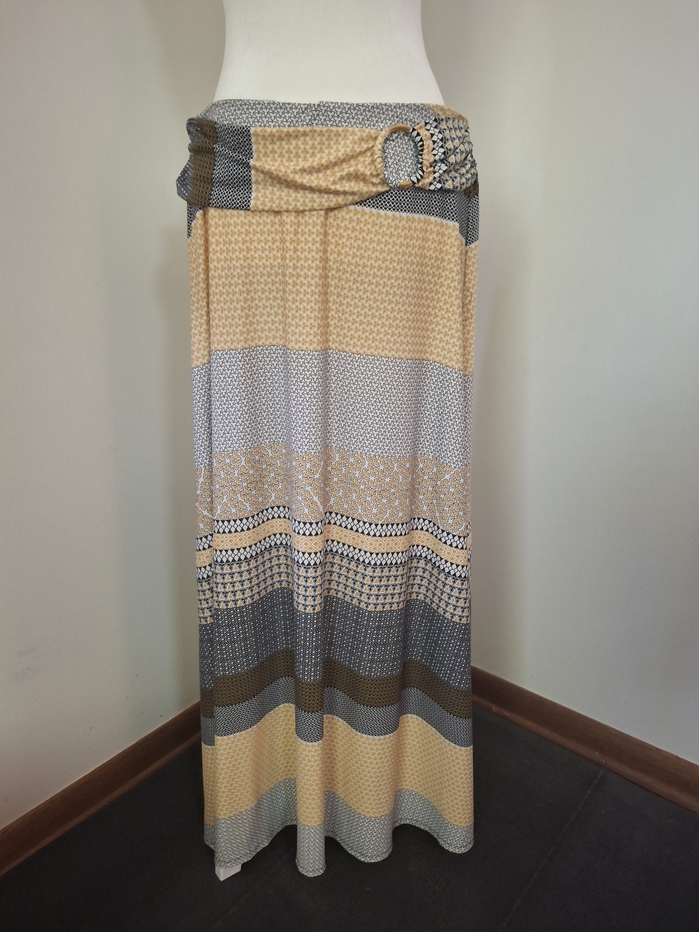 Robert Louis Yellow and Gray Striped Maxi Skirt with Buckle Waist L